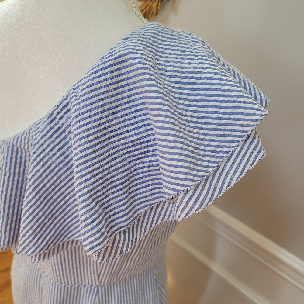 🆕️ J. Crew One Shoulder Ruffle Dress Seersucker 8 - Picture 7 of 9